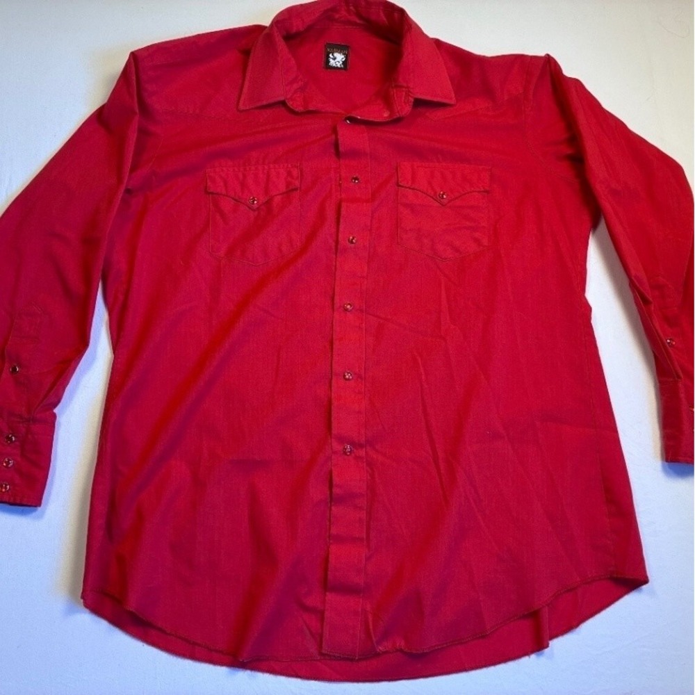 Vintage KARMAN Men's Long Sleeve Red Button-Up Shirt X-Large Cotton Blend Snaps